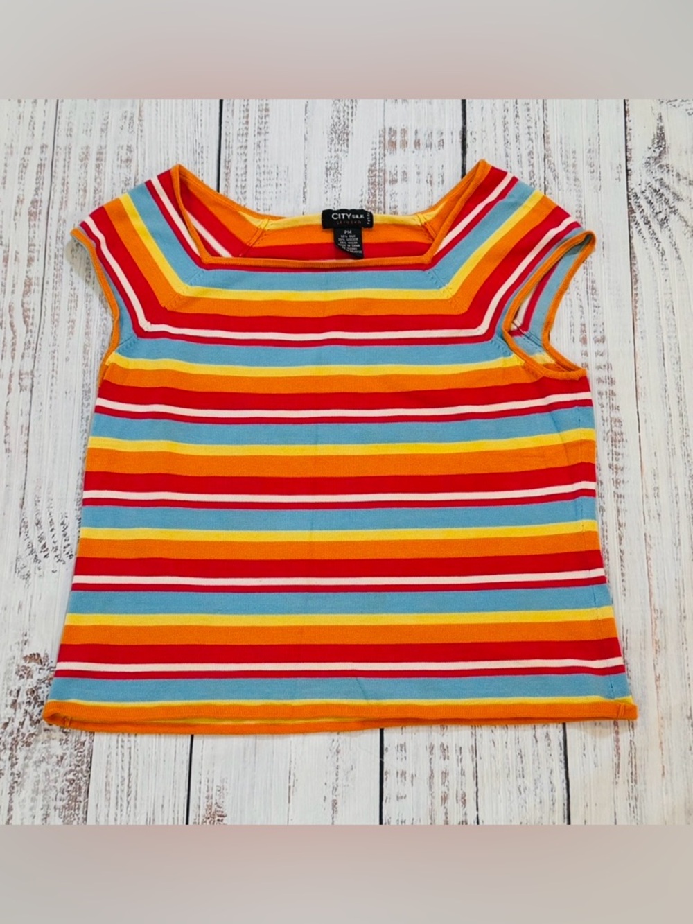 City Silk Stretch Petite Womens PM. Striped Top Retro Disco Rainbow Vintage